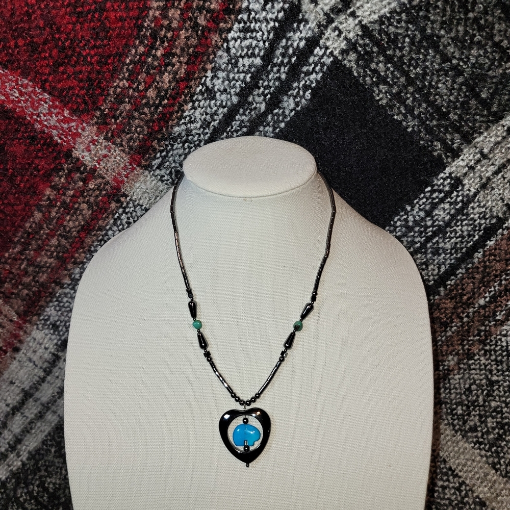 19" hematite necklace with turquoise bear